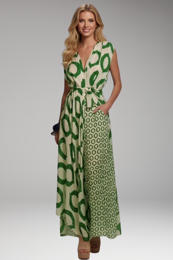 Women's Printed Jumpsuit with V Neckline and Waist Tie
