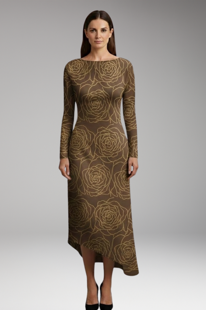 Women's Printed Long Sleeve Dress with Irregular Hem and Versatile Design
