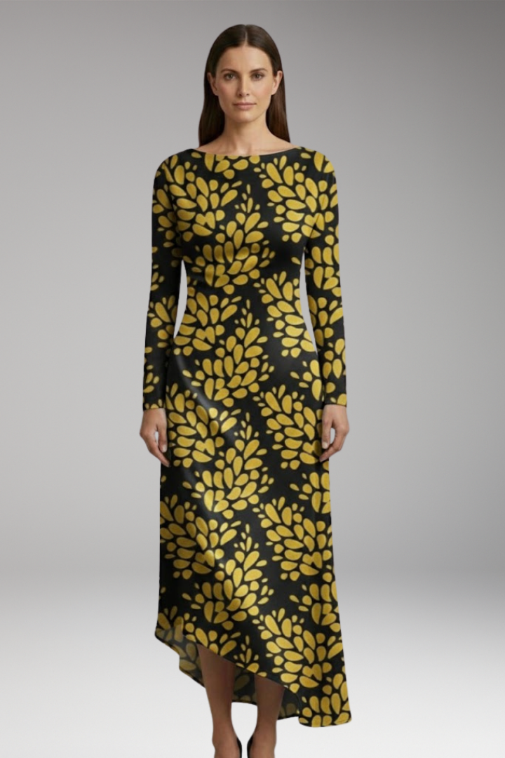 Women's Printed Long Sleeve Dress with Irregular Hem and Versatile Design