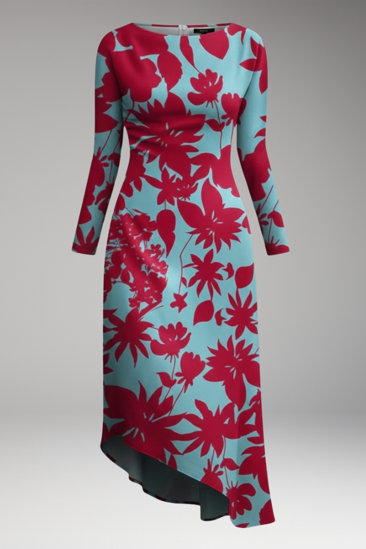 Women's Printed Long Sleeve Dress with Irregular Hem and Versatile Design
