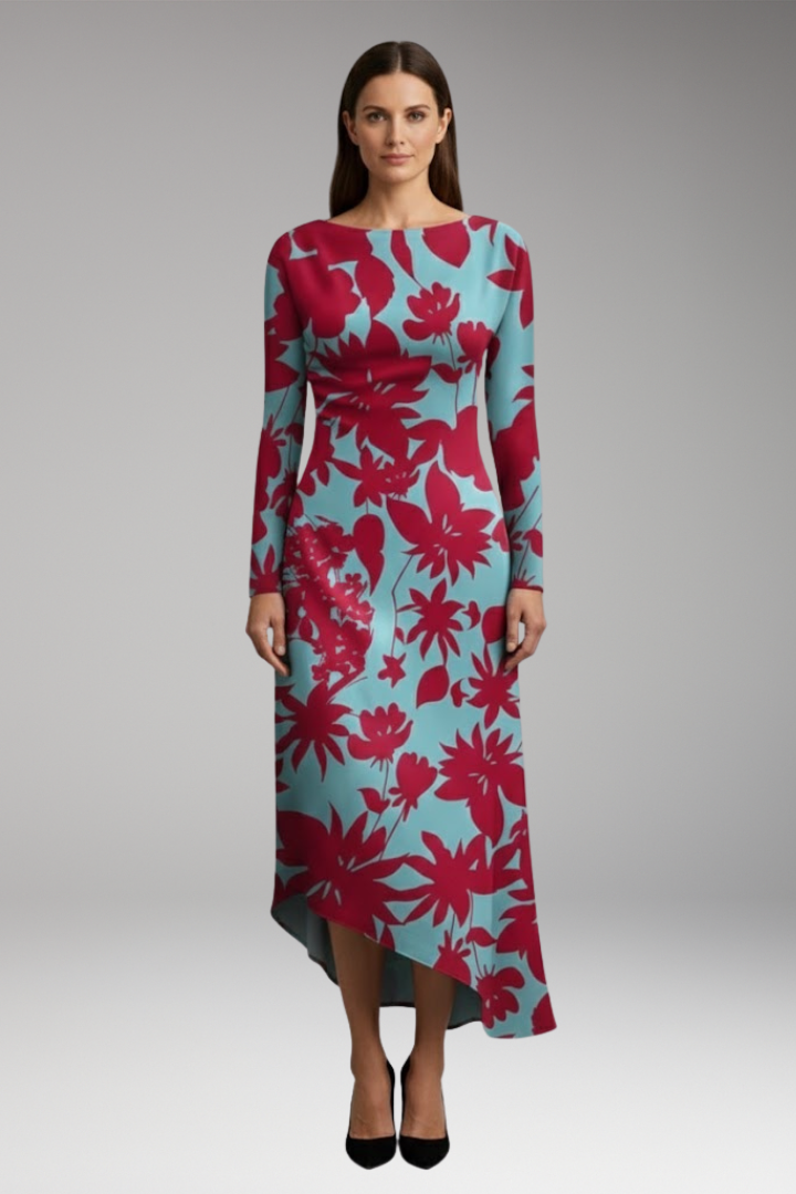 Women's Printed Long Sleeve Dress with Irregular Hem and Versatile Design