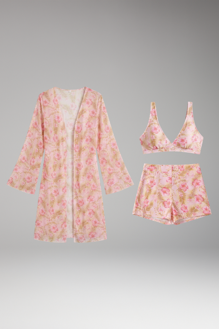 Women’s Printed Three-Piece Bikini Set with Floral Kimono Cover-Up
