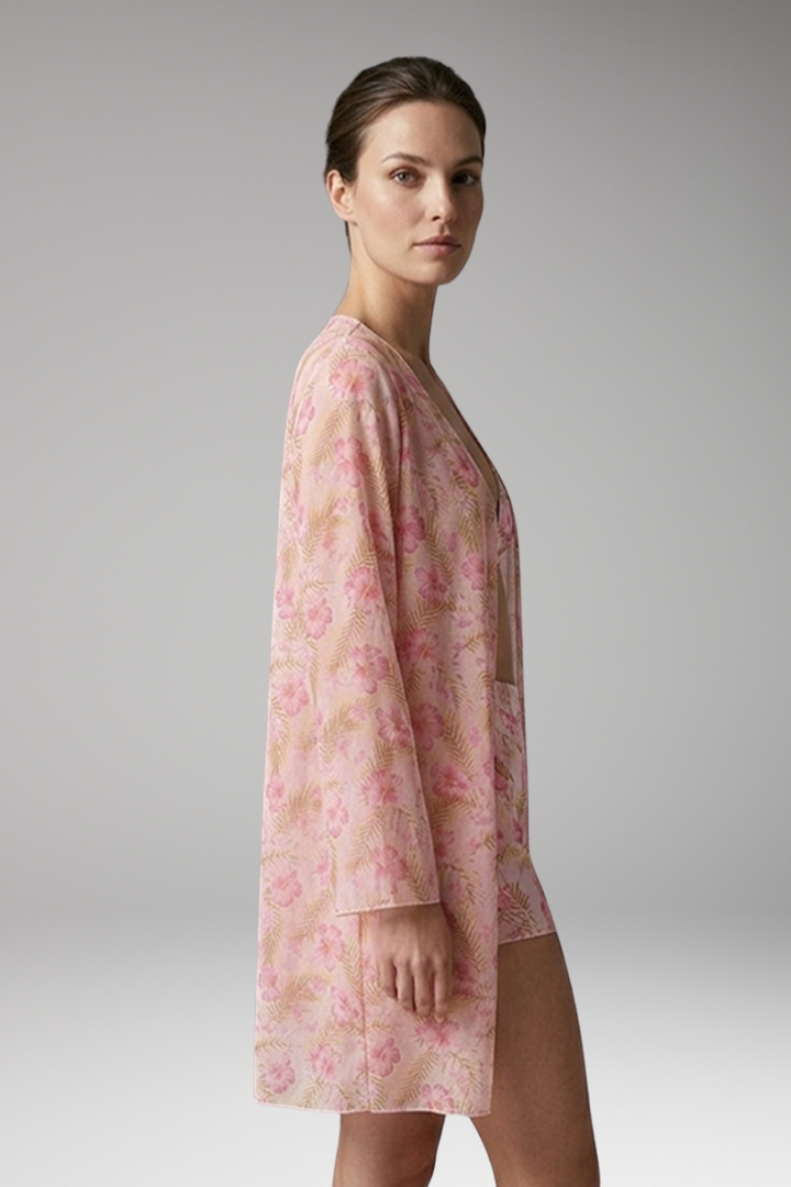 Women’s Printed Three-Piece Bikini Set with Floral Kimono Cover-Up