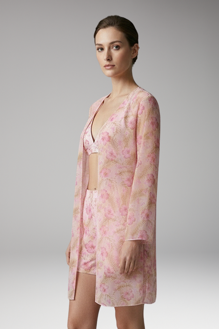 Women’s Printed Three-Piece Bikini Set with Floral Kimono Cover-Up