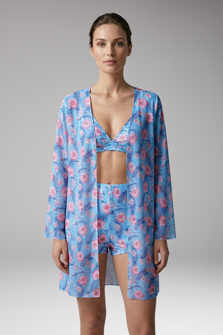 Women’s Printed Three-Piece Bikini Set with Floral Kimono Cover-Up