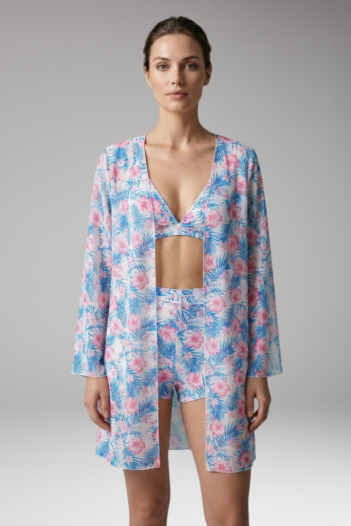 Women’s Printed Three-Piece Bikini Set with Floral Kimono Cover-Up