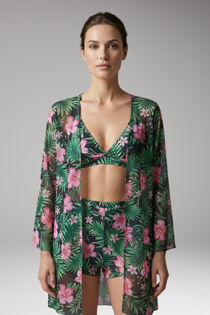 Women’s Printed Three-Piece Bikini Set with Floral Kimono Cover-Up