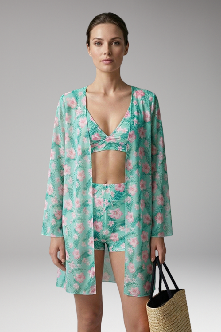 Women’s Printed Three-Piece Bikini Set with Floral Kimono Cover-Up