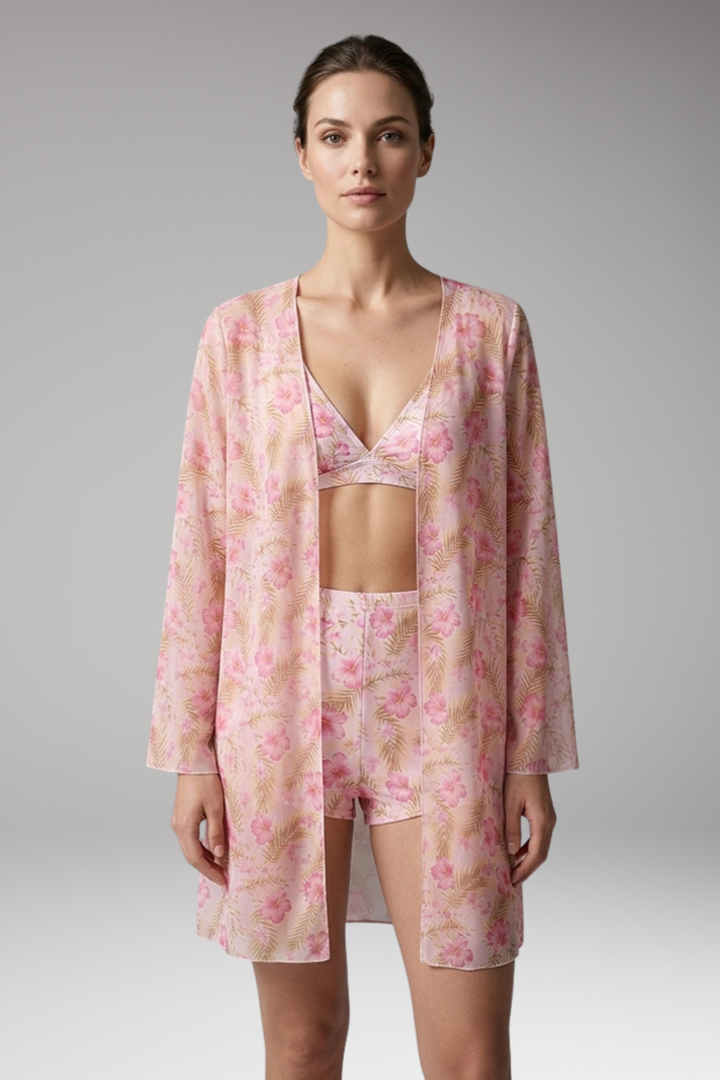 Women’s Printed Three-Piece Bikini Set with Floral Kimono Cover-Up