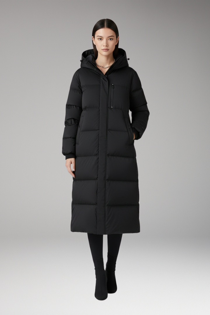 Women’s Puffer Coat with Hood and Long Quilted Design