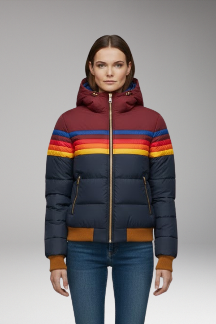 Women's Puffer Jacket with Retro Striped Pattern and Hood