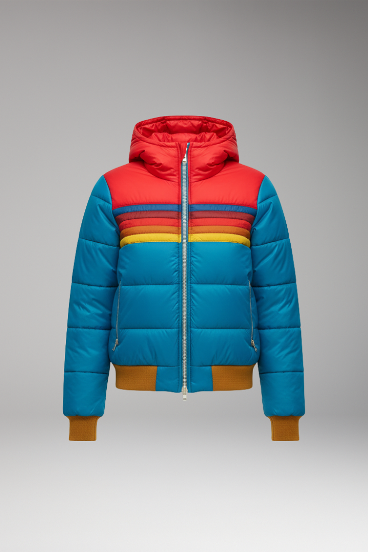 Women's Puffer Jacket with Retro Striped Pattern and Hood