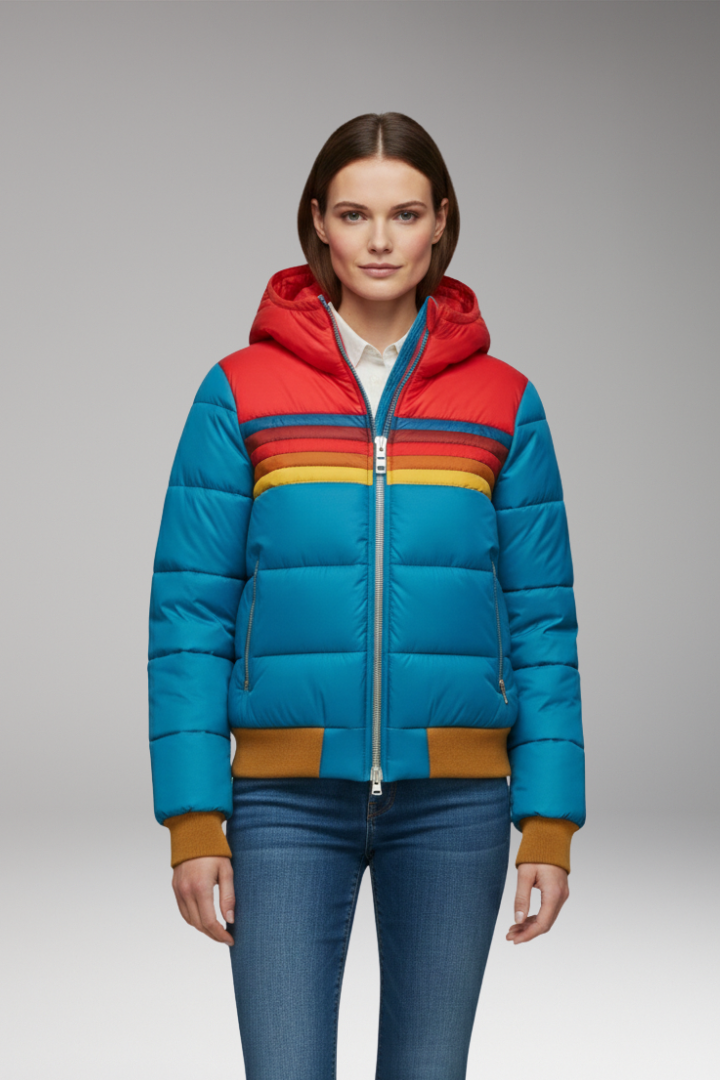 Women's Puffer Jacket with Retro Striped Pattern and Hood