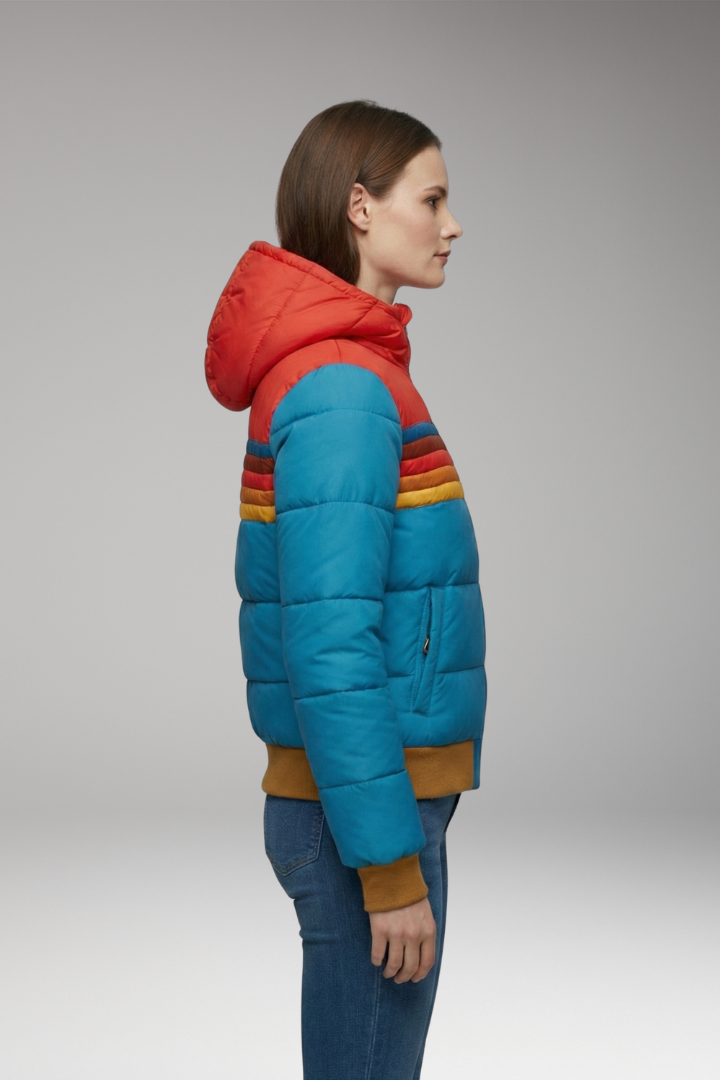 Women's Puffer Jacket with Retro Striped Pattern and Hood