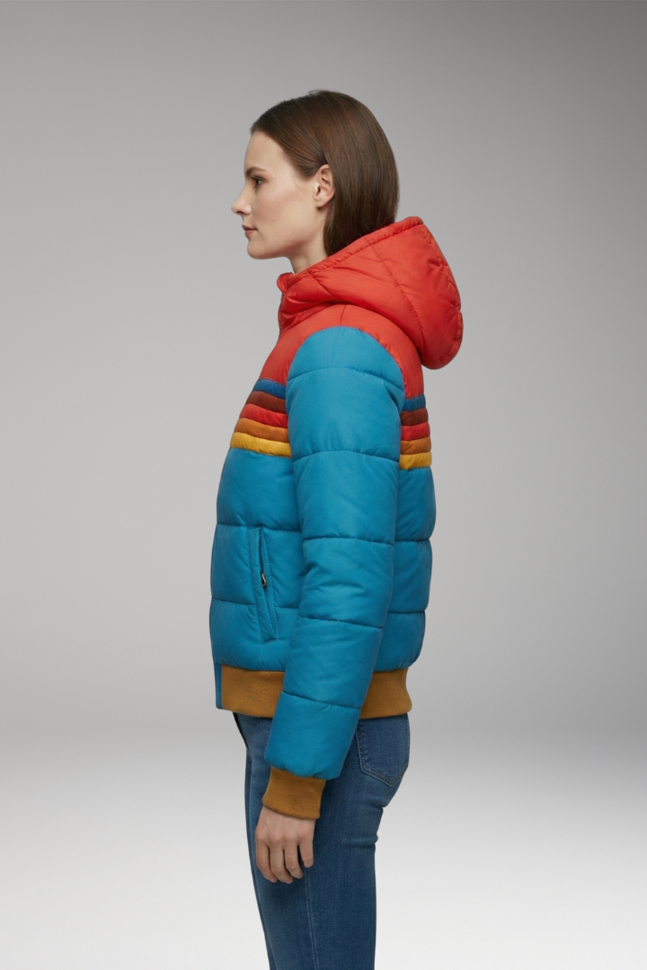 Women's Puffer Jacket with Retro Striped Pattern and Hood