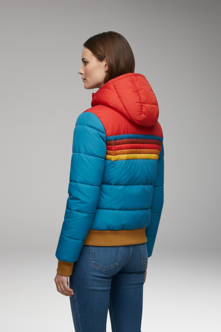 Women's Puffer Jacket with Retro Striped Pattern and Hood