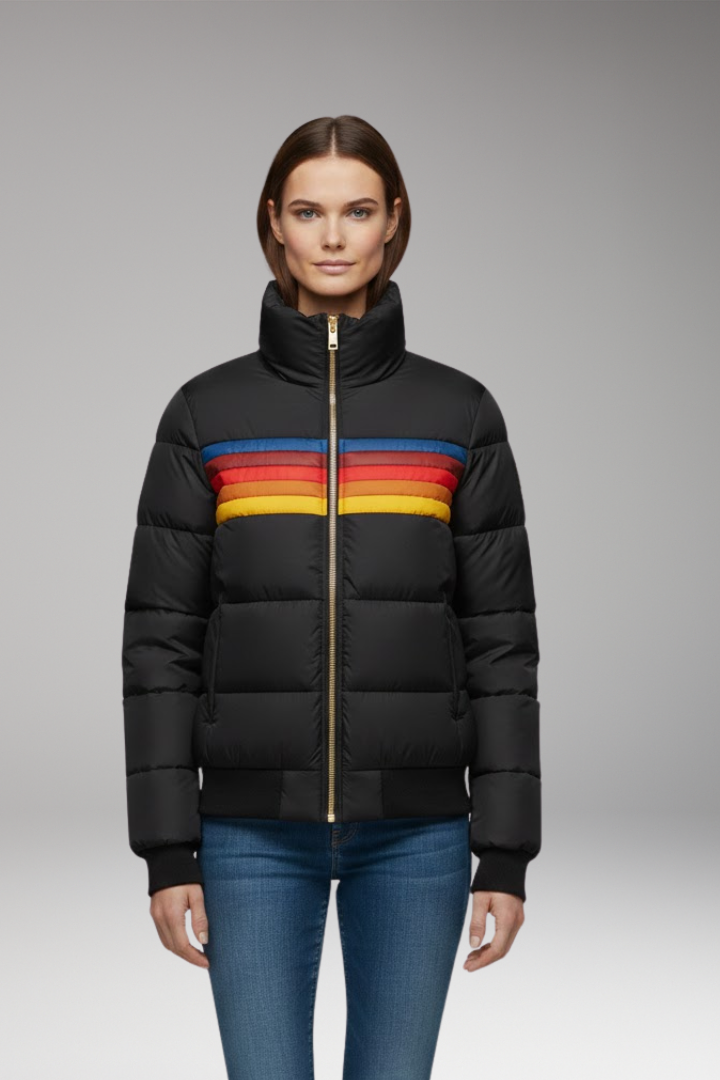 Women's Puffer Jacket with Retro Striped Pattern and Hood