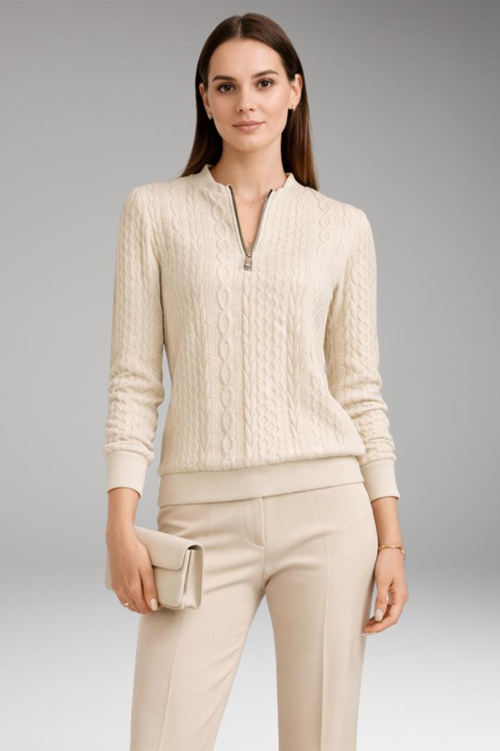 Women’s Pullover with Front Zipper and Cable Knit Surface