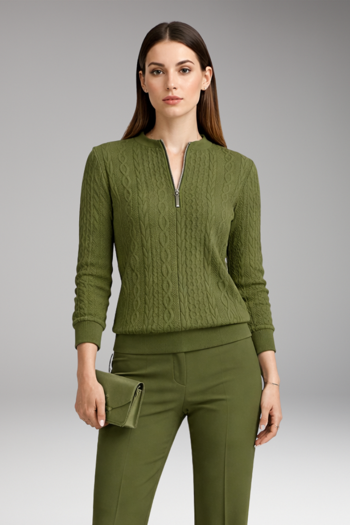 Women’s Pullover with Front Zipper and Cable Knit Surface
