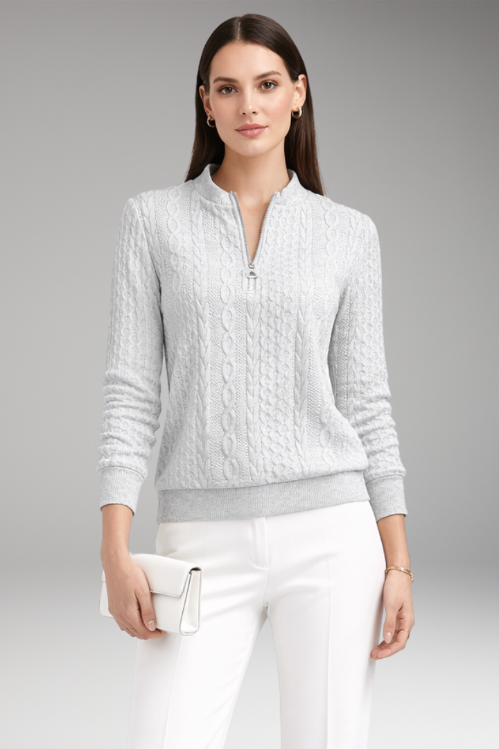 Women’s Pullover with Front Zipper and Cable Knit Surface