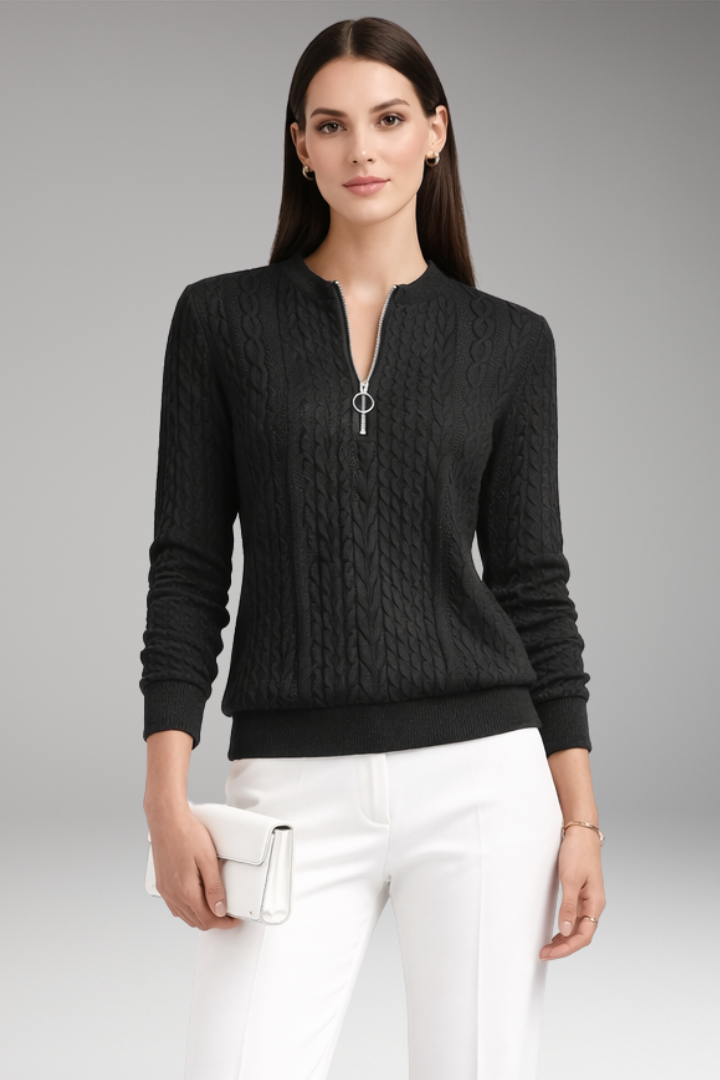 Women’s Pullover with Front Zipper and Cable Knit Surface