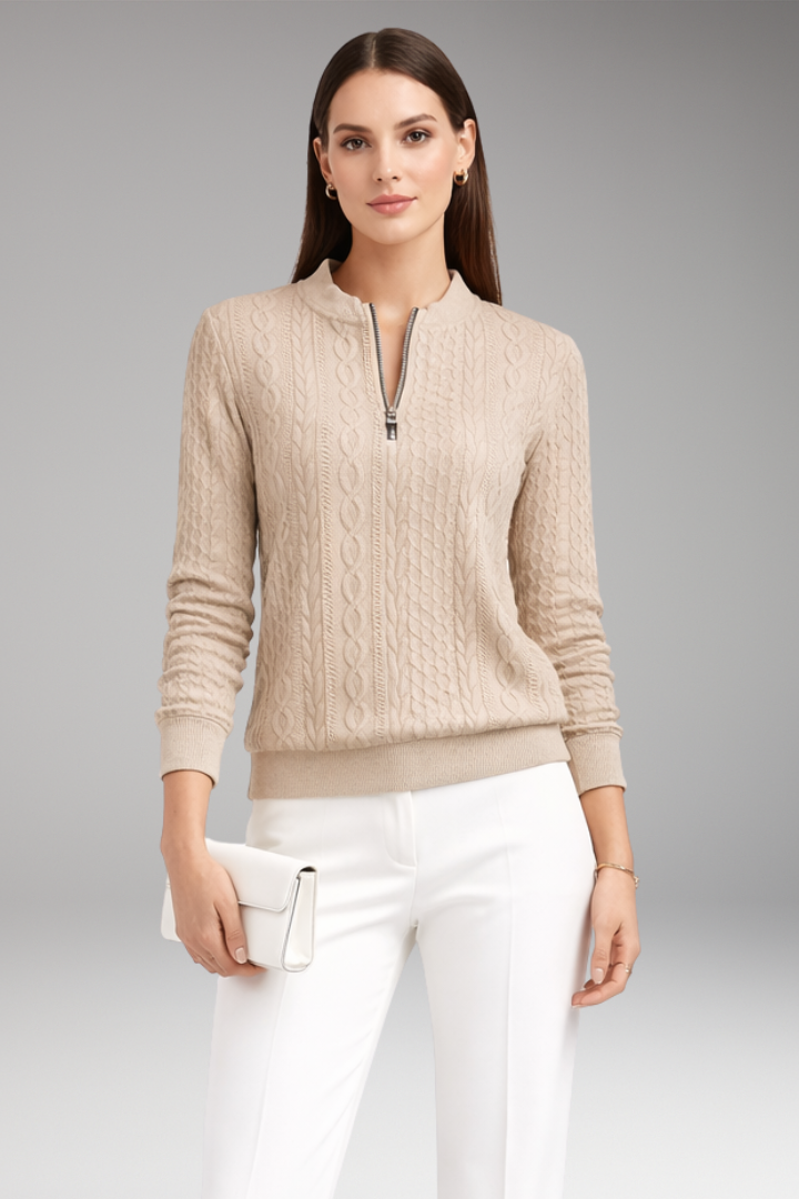 Women’s Pullover with Front Zipper and Cable Knit Surface