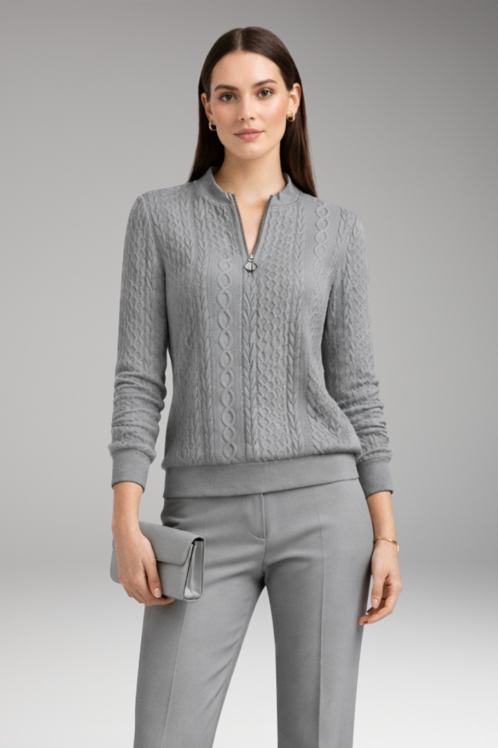 Women’s Pullover with Front Zipper and Cable Knit Surface