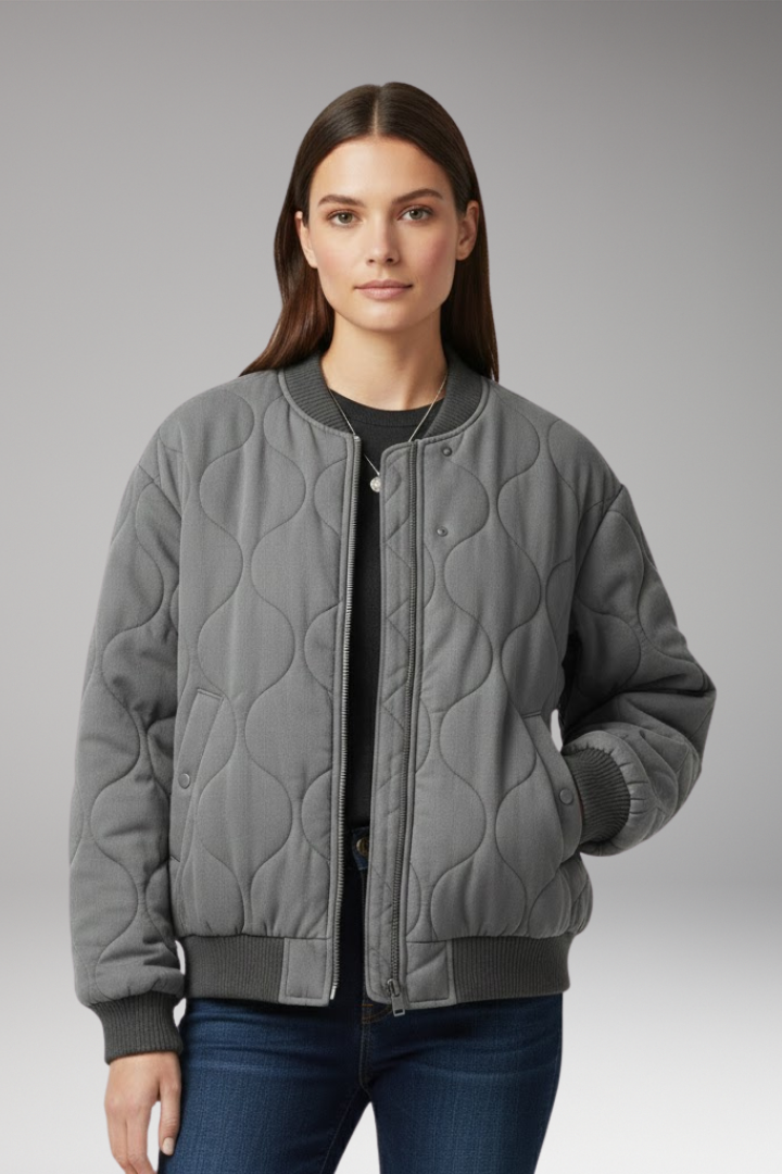 Women’s Quilted Bomber Jacket with High Collar and Ribbed Edges