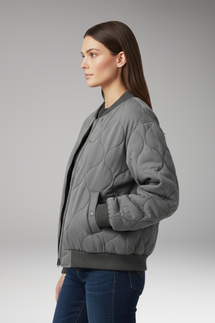 Women’s Quilted Bomber Jacket with High Collar and Ribbed Edges