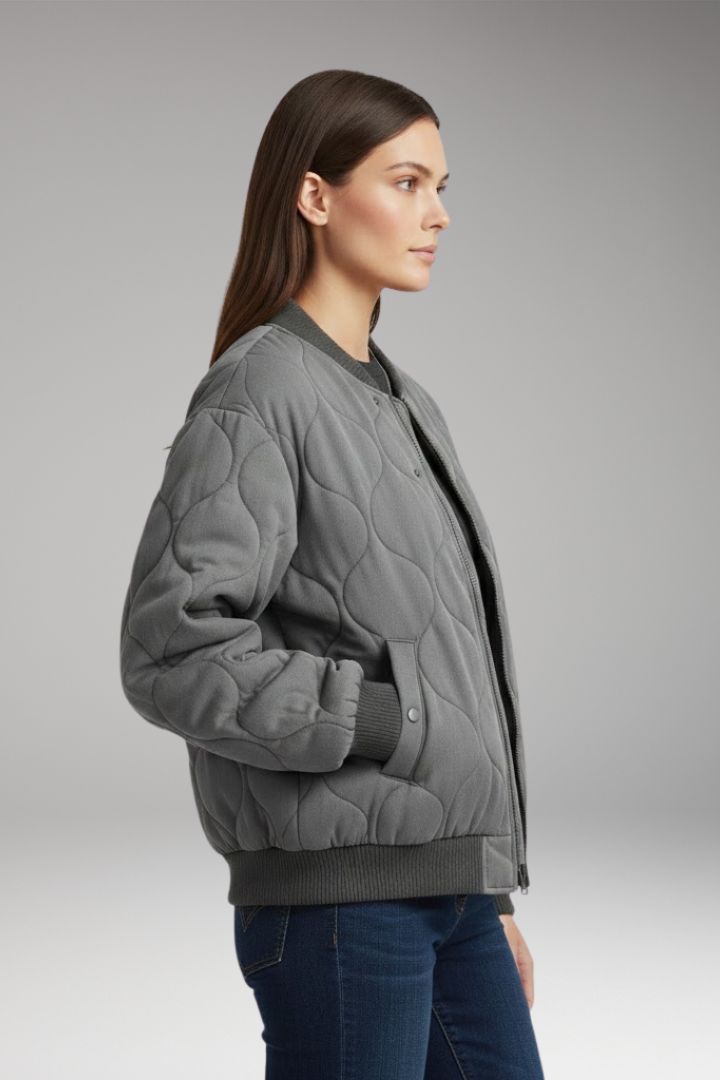 Women’s Quilted Bomber Jacket with High Collar and Ribbed Edges