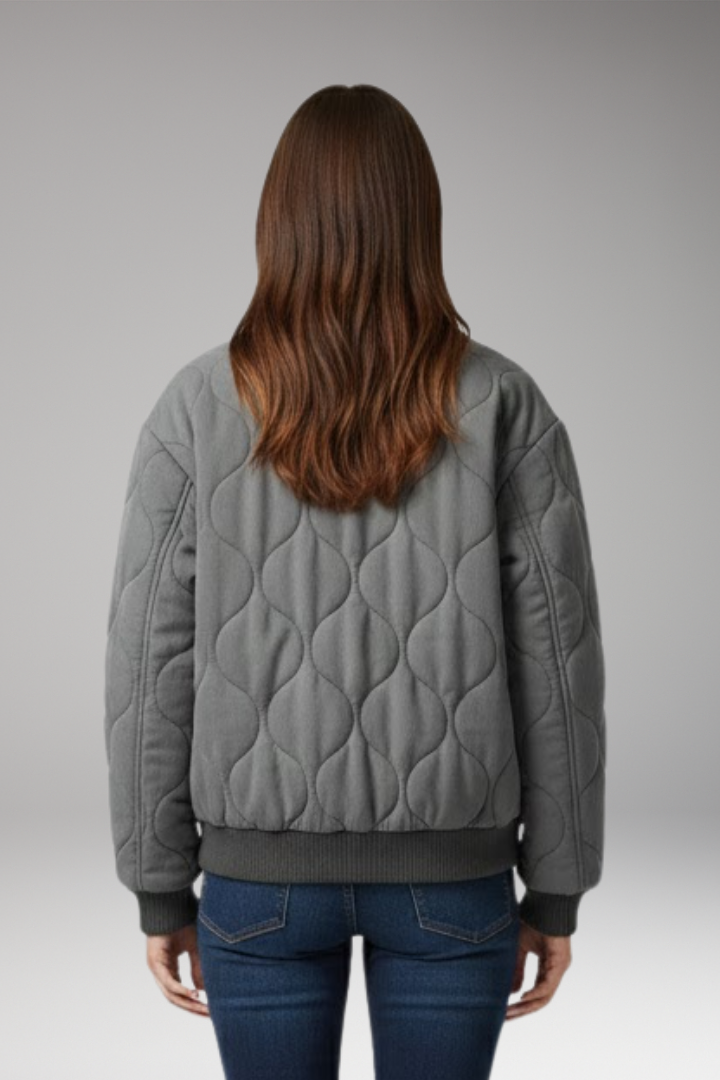 Women’s Quilted Bomber Jacket with High Collar and Ribbed Edges