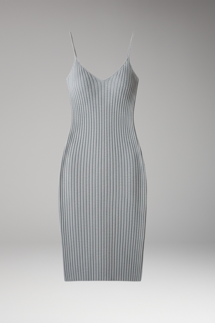 Women's Ribbed Dress with Long Sleeves and Fitted Skirt