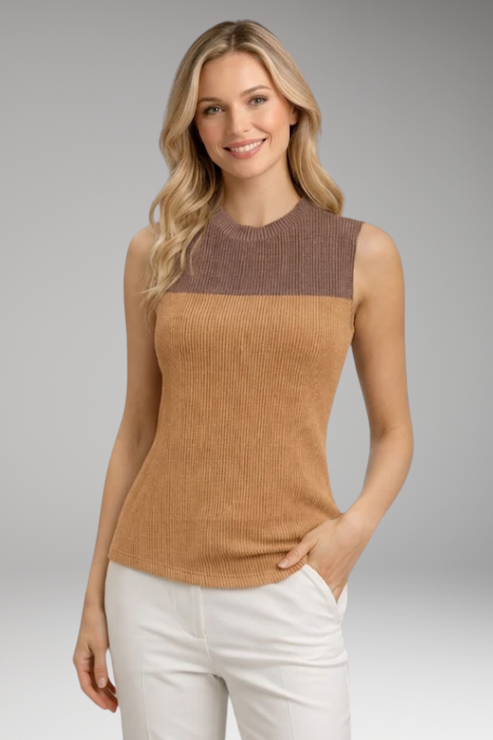 Women's Ribbed Top with Crew Neck and Side Pockets