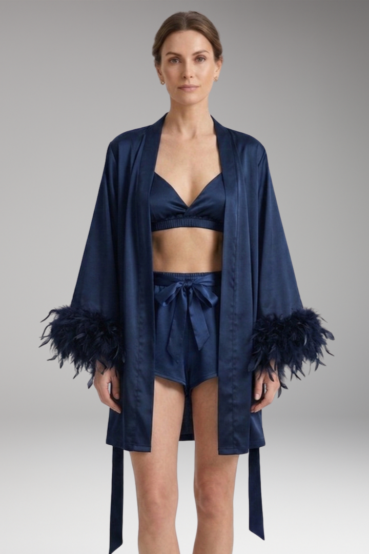 Women’s Robe with Feathered Trim and Open Front