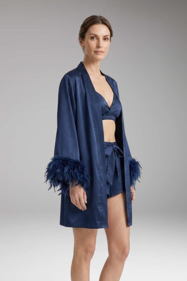 Women’s Robe with Feathered Trim and Open Front