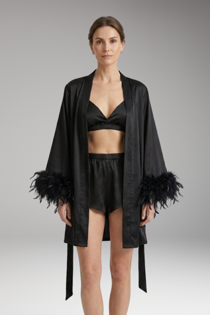 Women’s Robe with Feathered Trim and Open Front