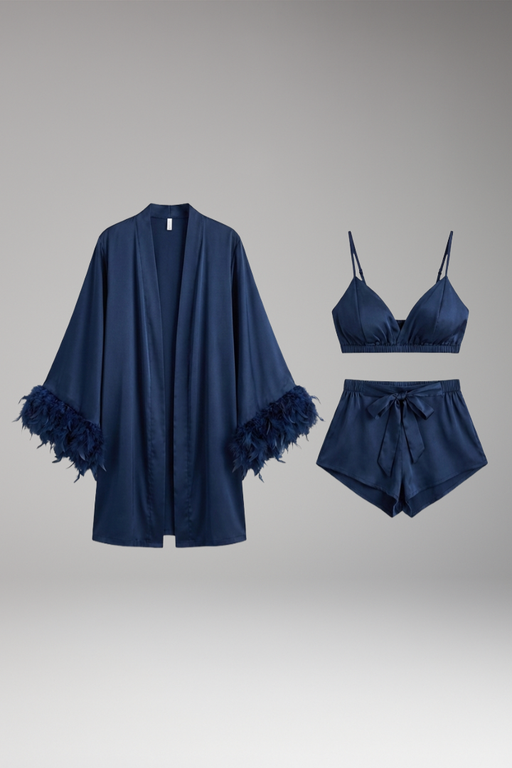 Women’s Robe with Feathered Trim and Open Front