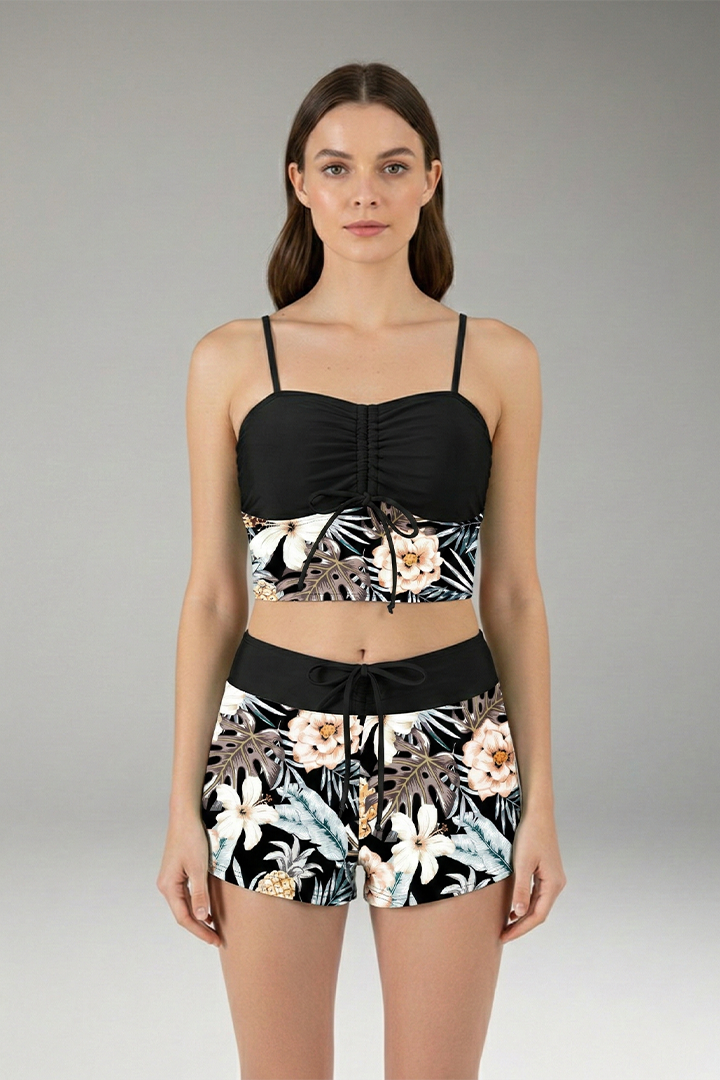 Women’s Ruched Bikini Set with High-Waisted Shorts