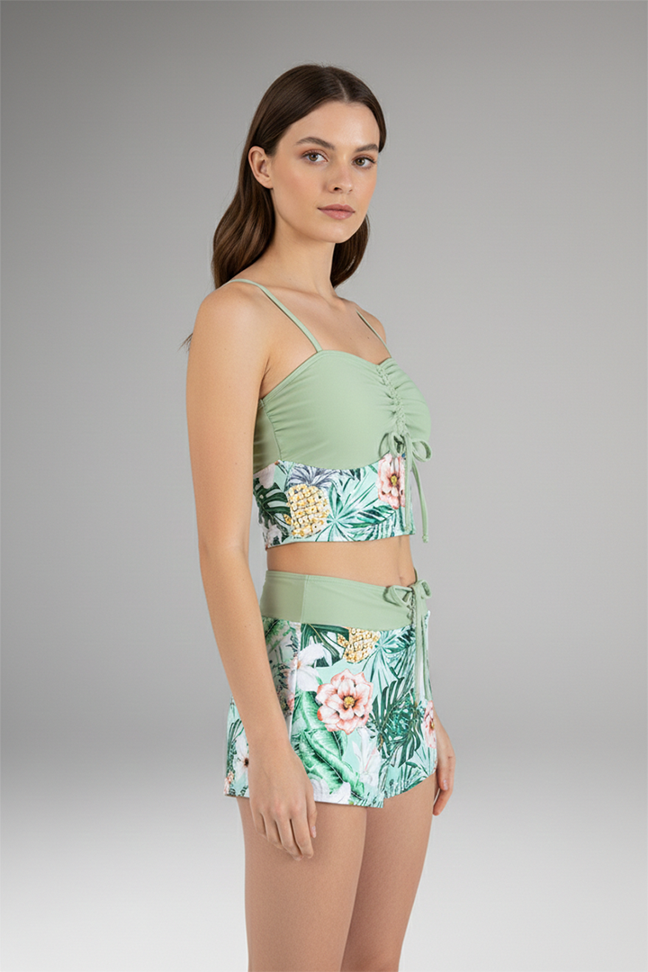 Women’s Ruched Bikini Set with High-Waisted Shorts