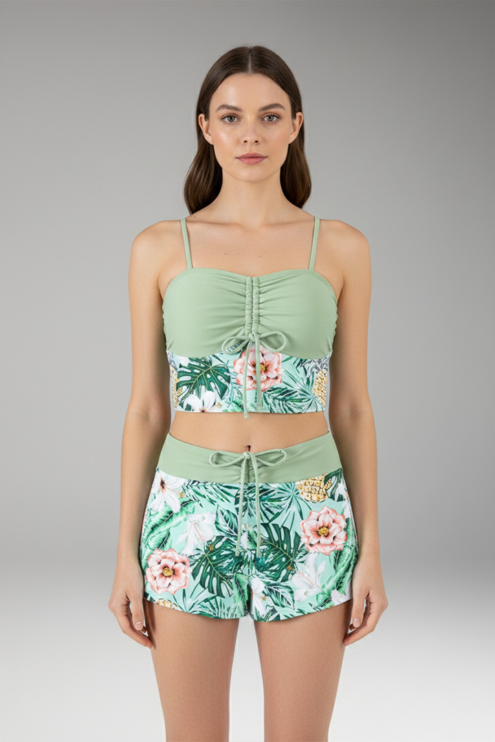 Women’s Ruched Bikini Set with High-Waisted Shorts