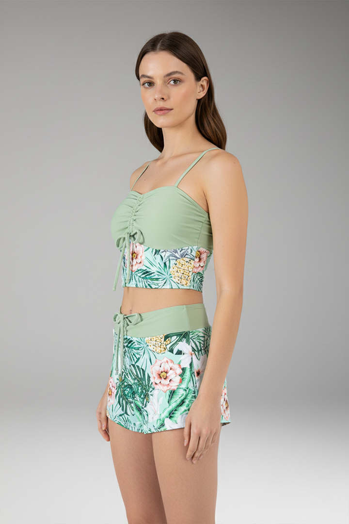 Women’s Ruched Bikini Set with High-Waisted Shorts