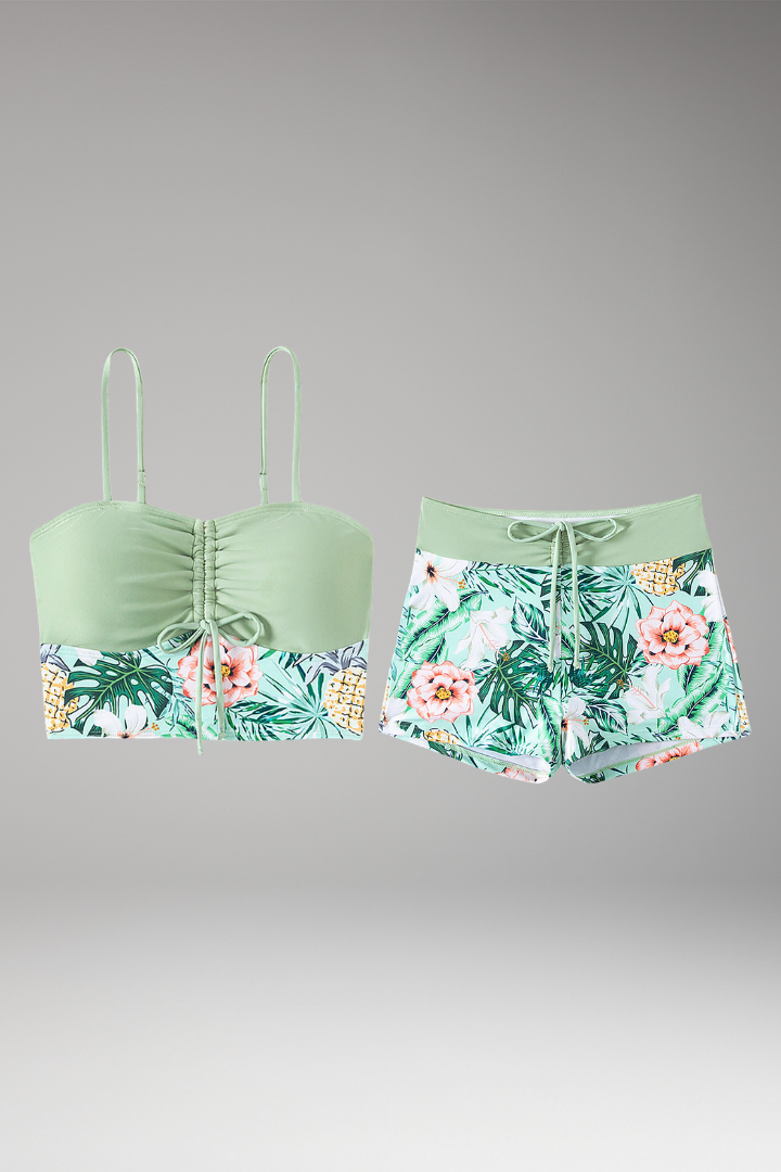 Women’s Ruched Bikini Set with High-Waisted Shorts