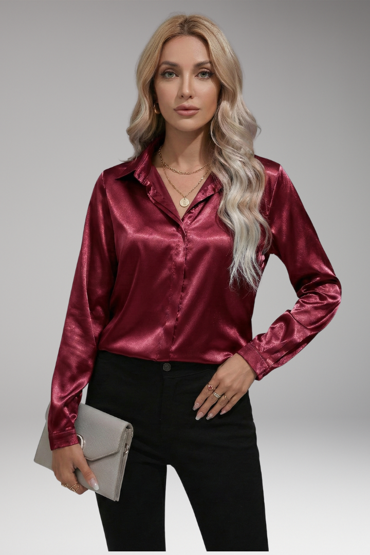 Women's Satin Blouse with V-Neck and Button-Down Front