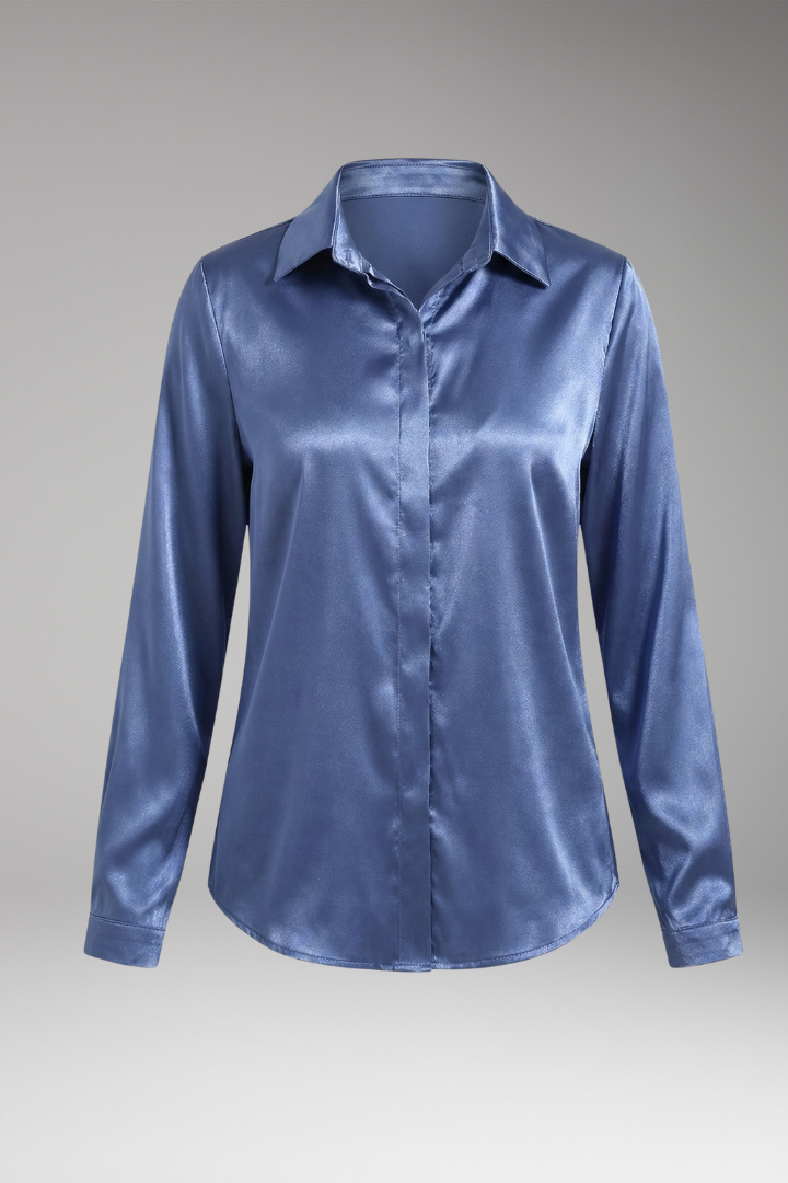 Women's Satin Blouse with V-Neck and Button-Down Front
