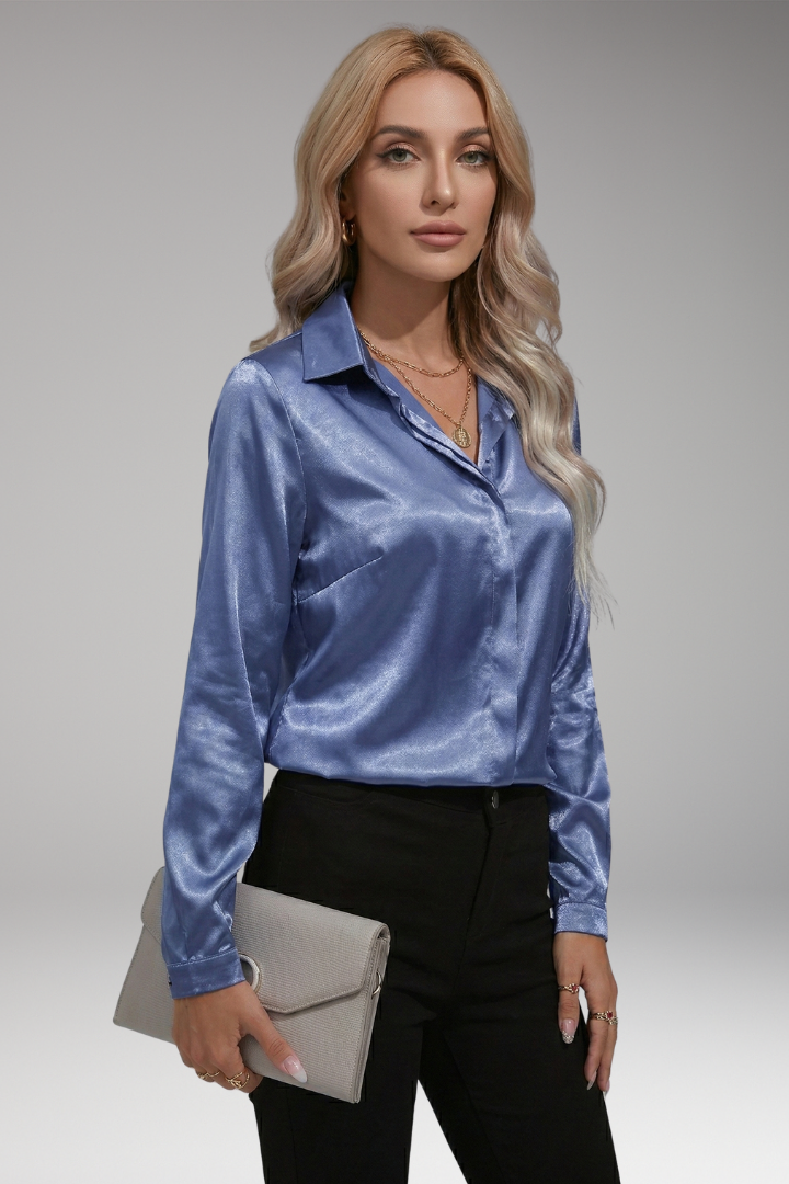Women's Satin Blouse with V-Neck and Button-Down Front