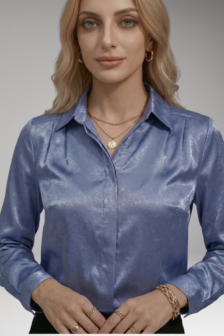Women's Satin Blouse with V-Neck and Button-Down Front