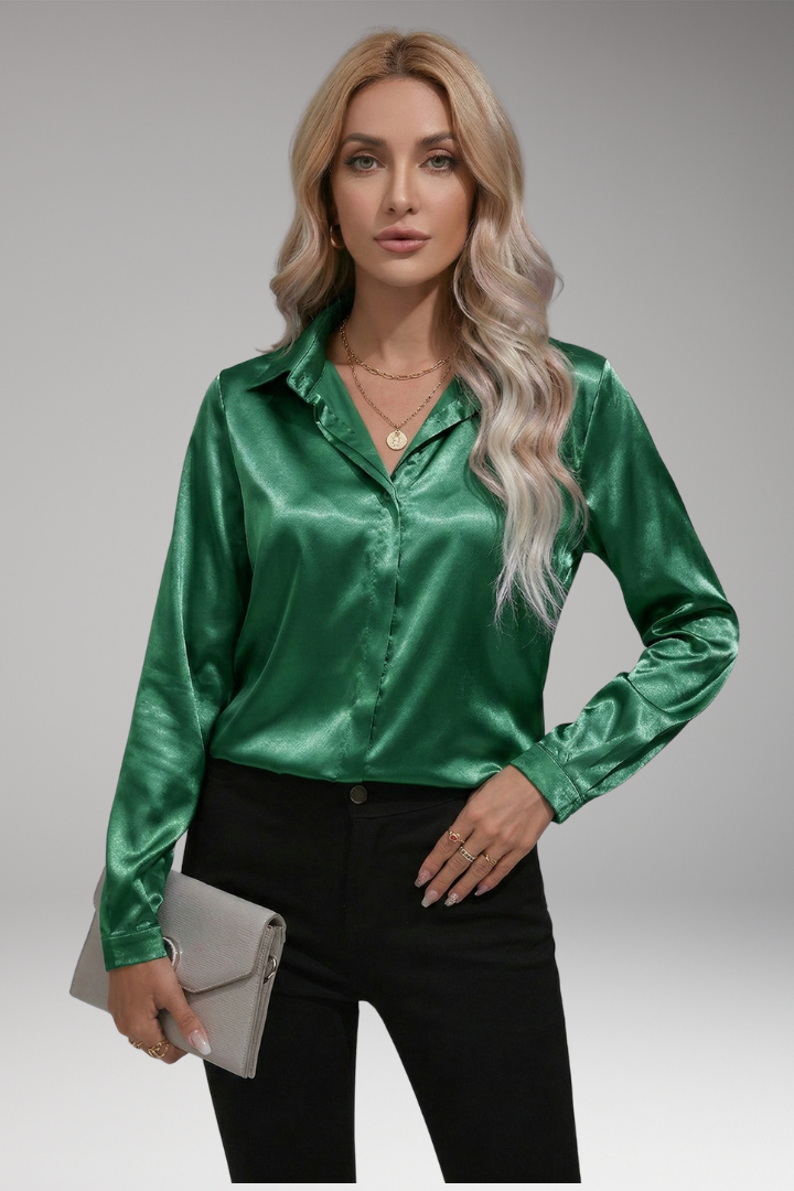 Women's Satin Blouse with V-Neck and Button-Down Front