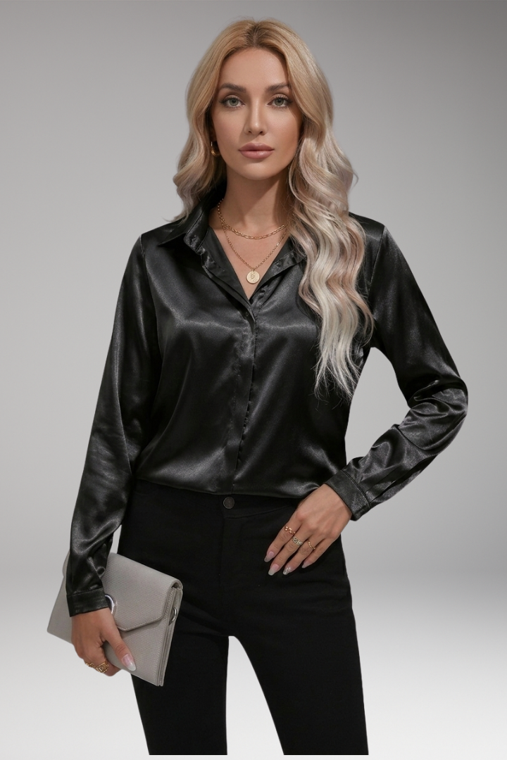 Women's Satin Blouse with V-Neck and Button-Down Front