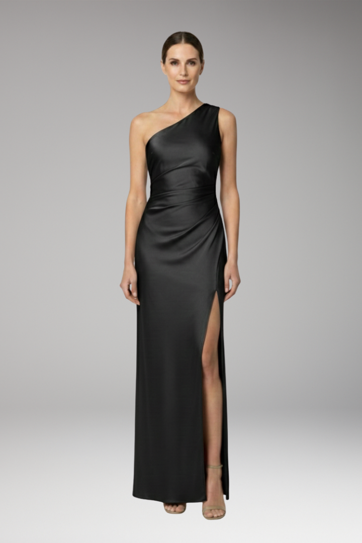 Women’s Satin Bridesmaid Dress with One Shoulder and Side Slit