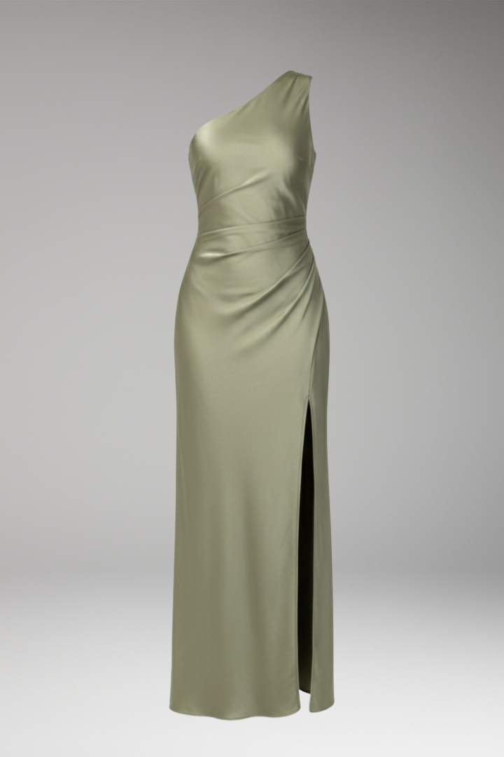 Women’s Satin Bridesmaid Dress with One Shoulder and Side Slit